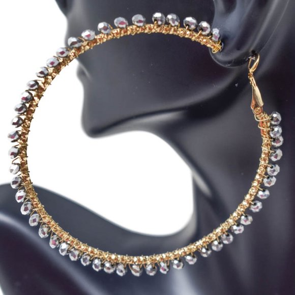 Thin Wired Hematite Gray Crystal Beads Earrings - Picture 9 of 12